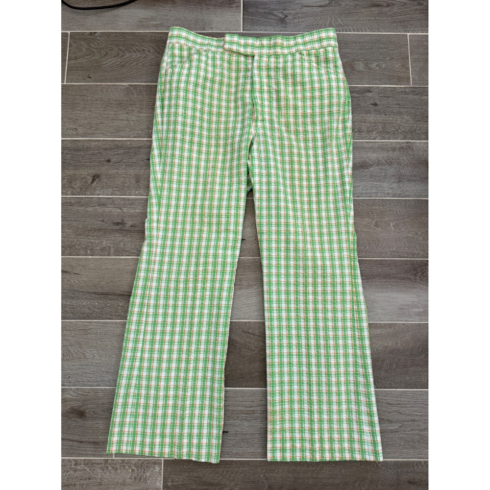 70s Vintage Izod Dozi Collection Men Green Orange Plaid Seersucker Pants 34x30